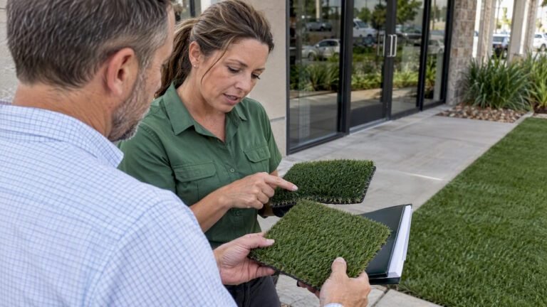 Turf bid review beside a storefront