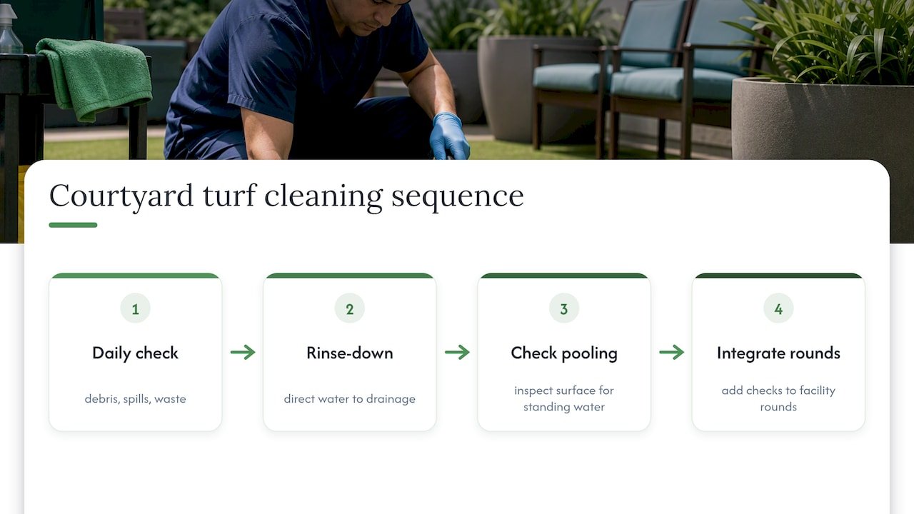 Hospital courtyard turf cleaning sequence