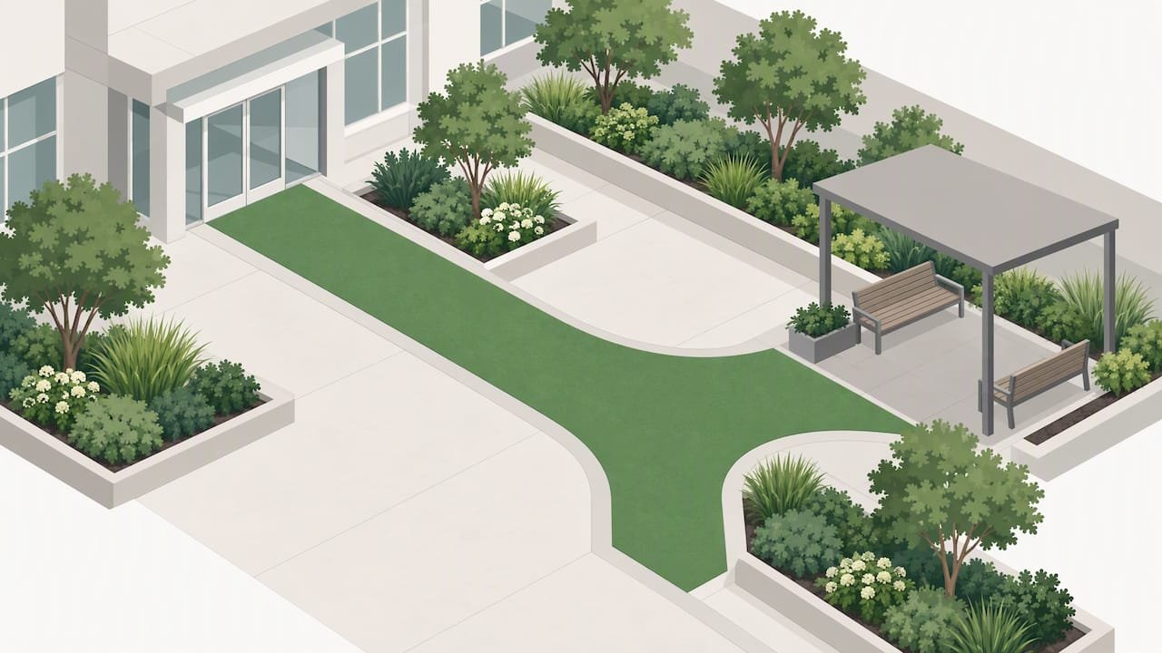 Accessible turf route through planted courtyard