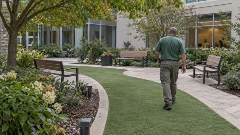Hospital courtyard with accessible artificial turf route