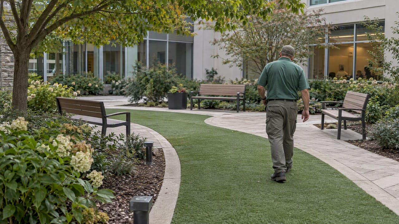 Hospital courtyard with accessible artificial turf route