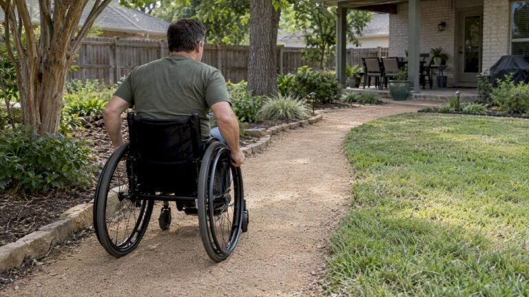 Wheelchair user on a firm garden path