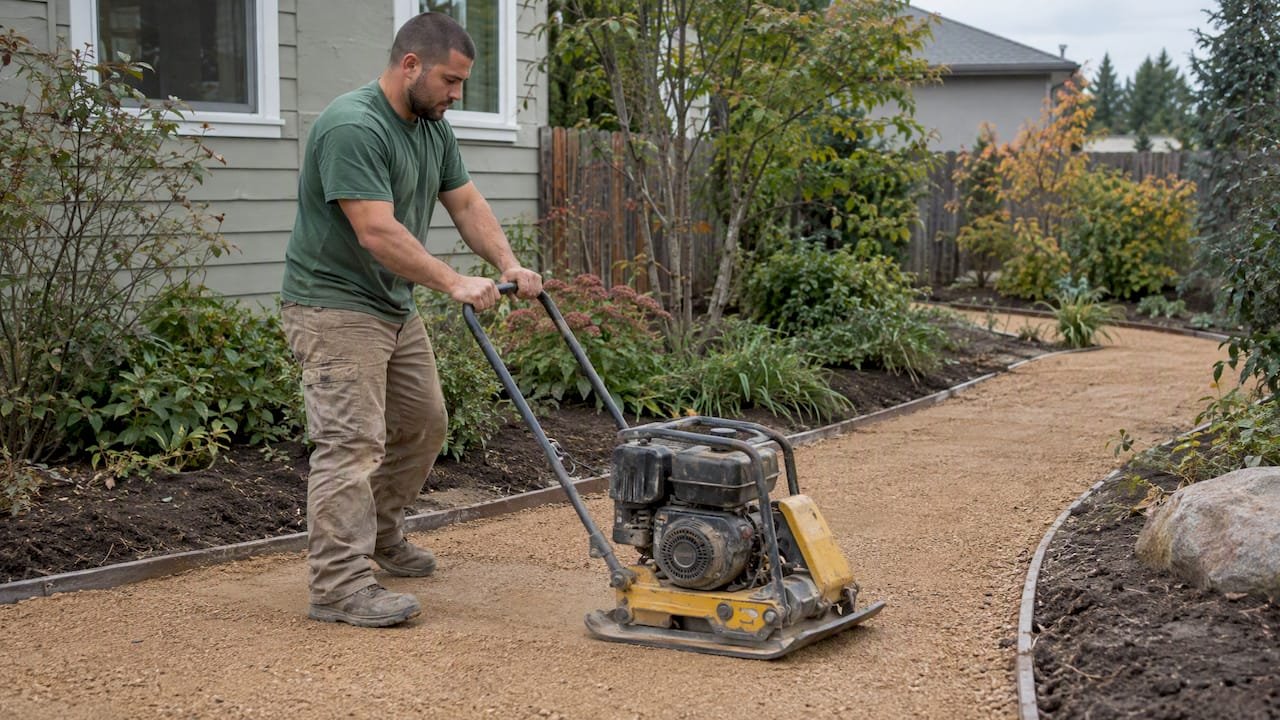 Contractor compacting a decomposed granite path