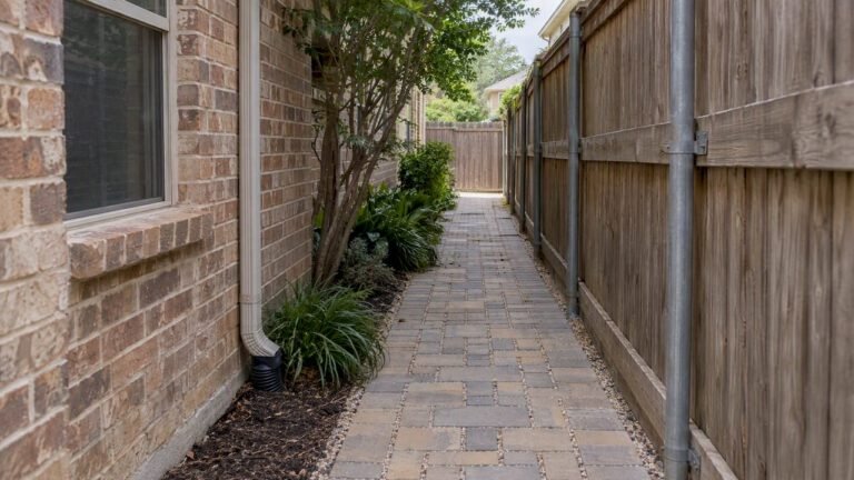 Permeable paver walkway in a narrow side yard