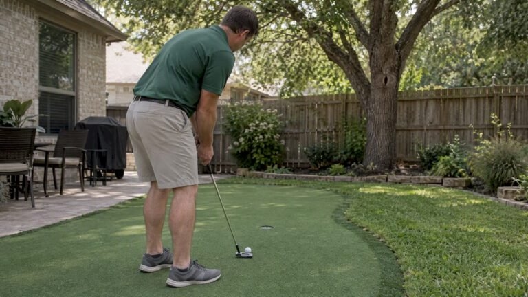 Homeowner putting on a backyard green