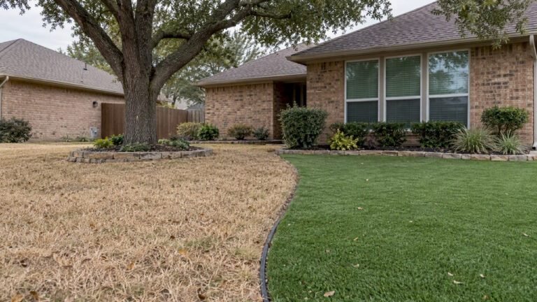 Dormant grass beside green artificial turf