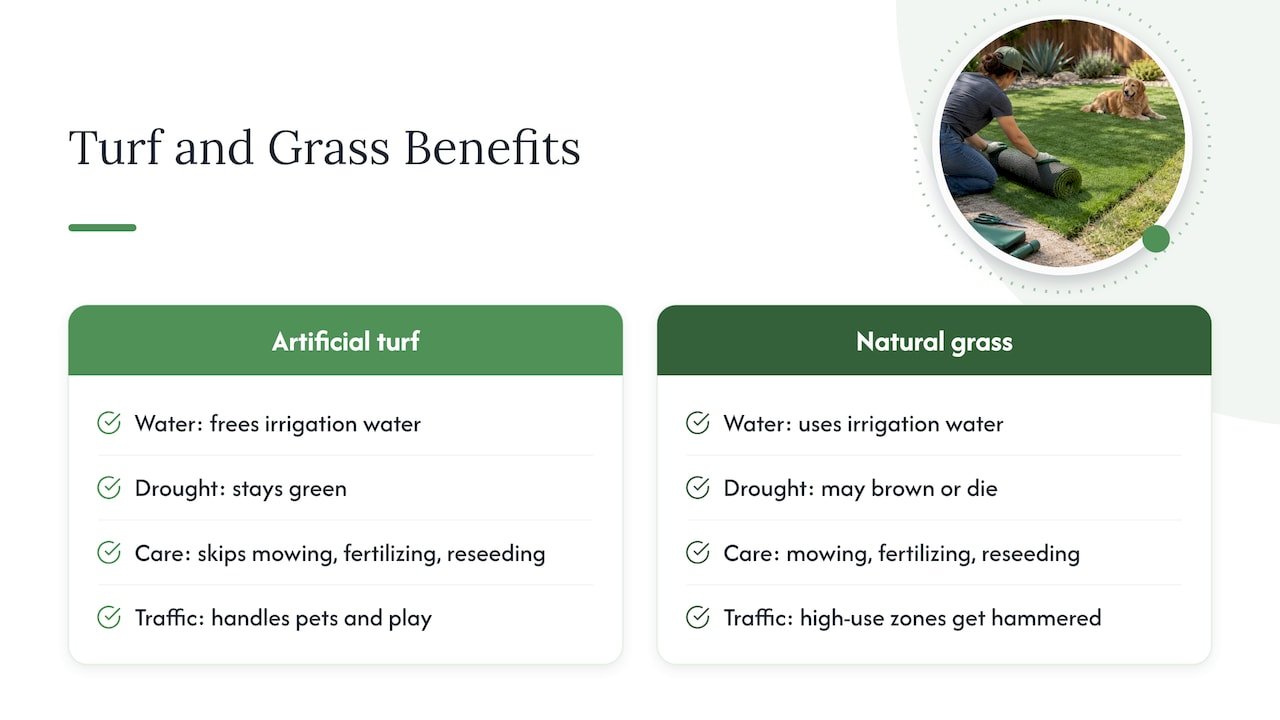 Advantages of artificial turf under watering restrictions — overview diagram