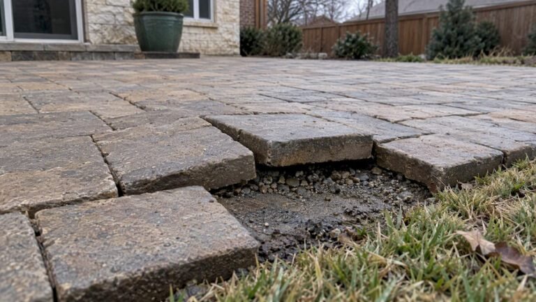 Uneven patio pavers expose damp aggregate base