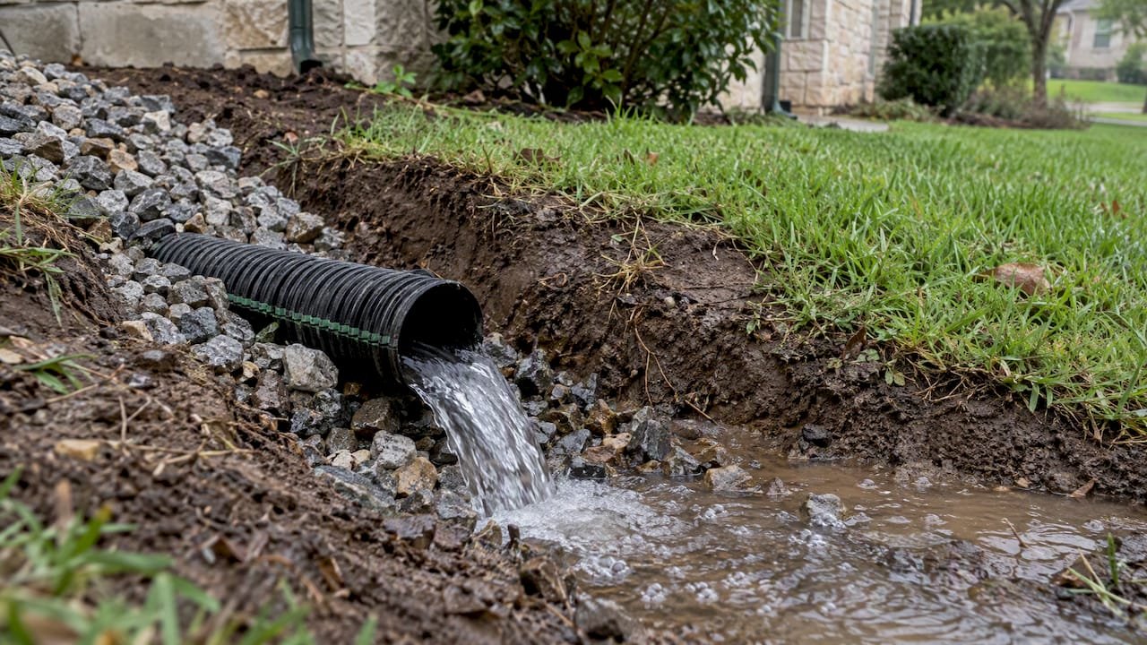 Water flowing from an exposed French drain outlet