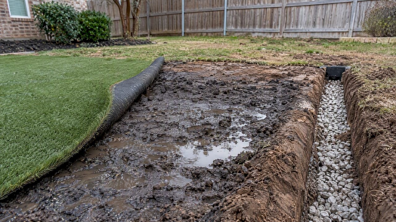 Waterlogged clay beside a turf drainage trench