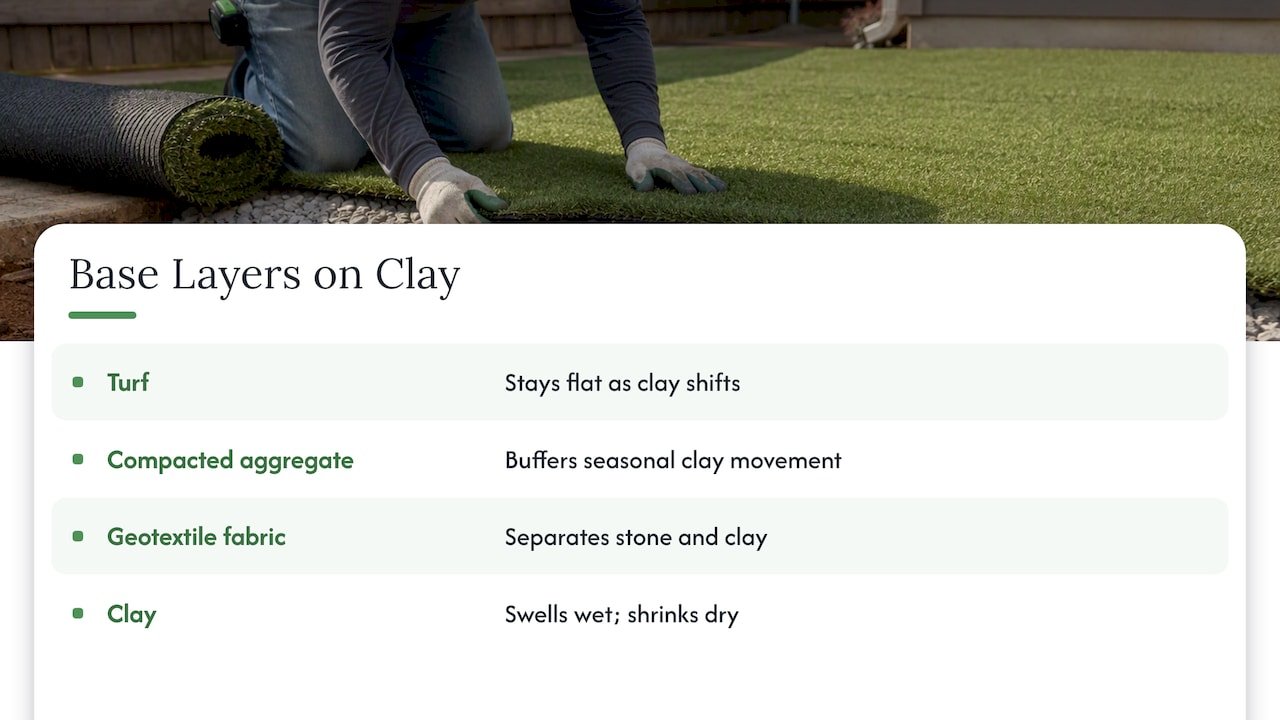 Turf base layers over moving clay soil