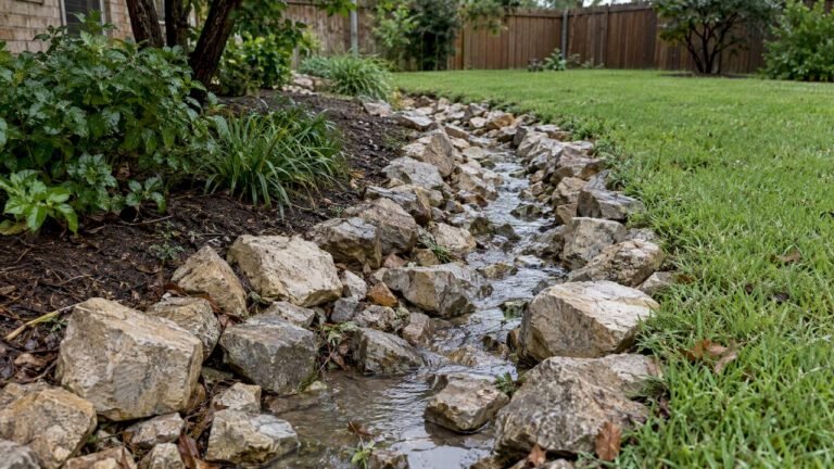 Angular rock lining a rain garden overflow