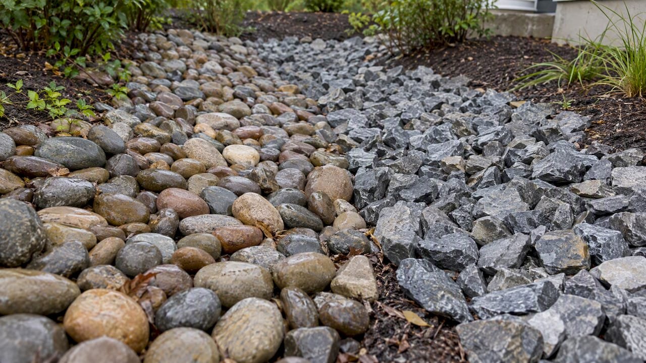 Rounded river rock beside angular drainage stone