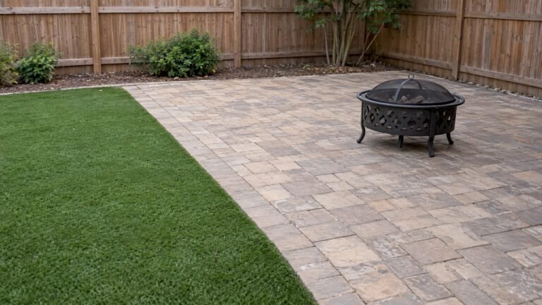 Paver buffer separates fire pit from artificial turf