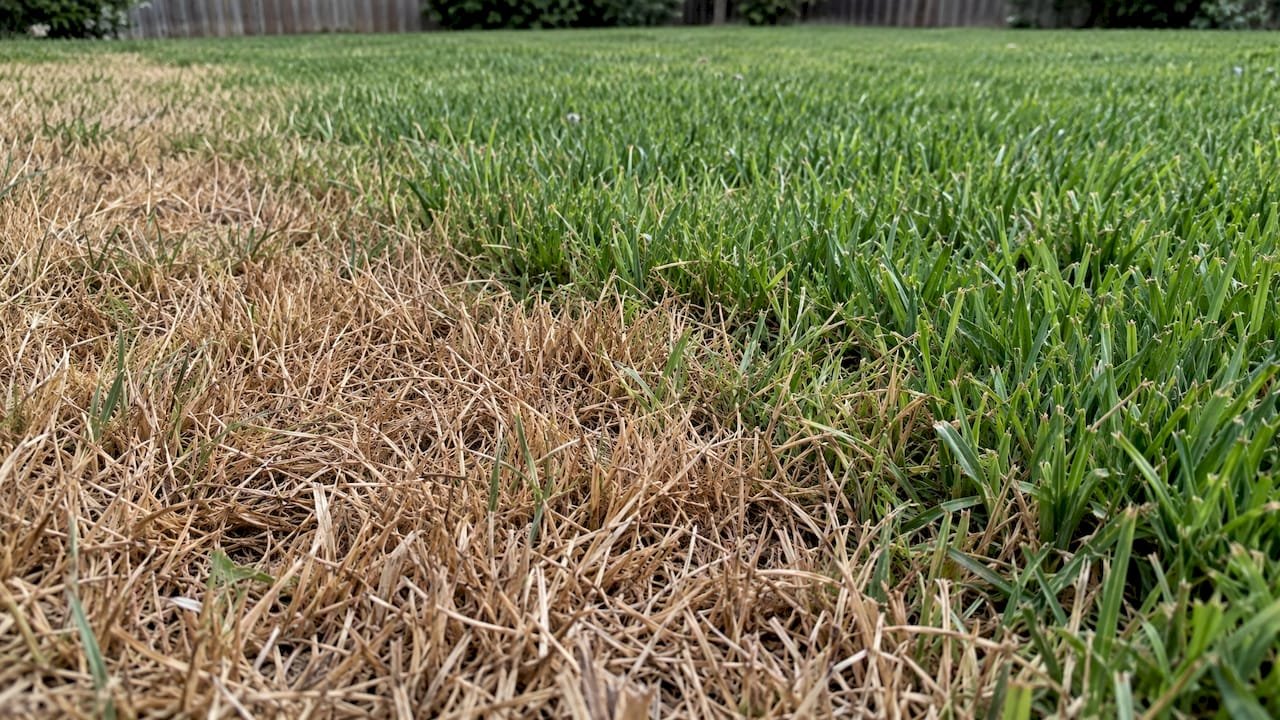 Dry brown grass beside green lawn
