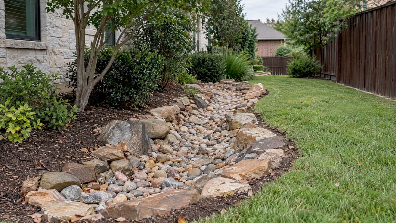 Curving dry creek bed in a residential yard