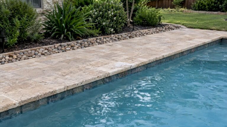 Pool edge with textured pavers and set-back rock