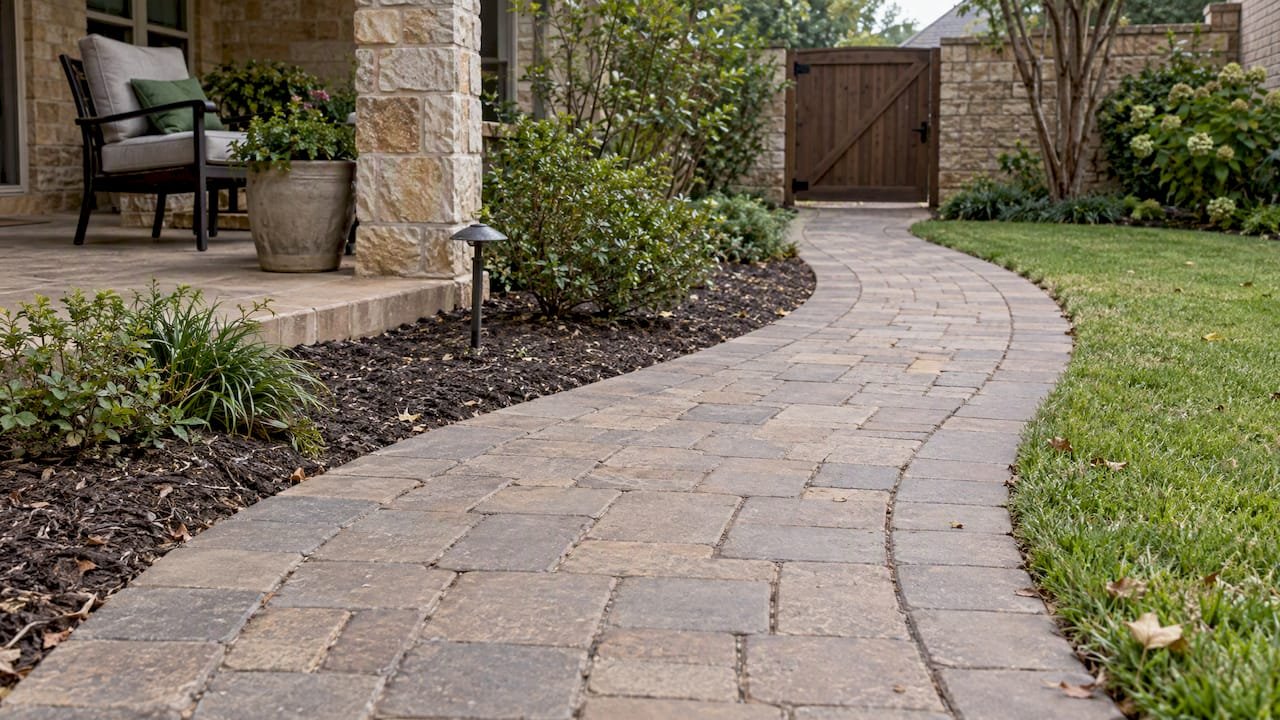 Paver walkway curving through a North Texas garden