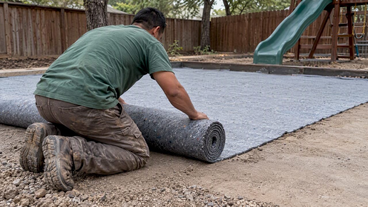 Installer laying impact pad on compacted base