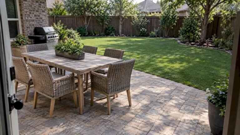 Paver patio adjoining a green turf lawn