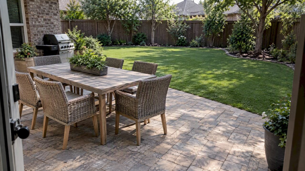 Paver patio adjoining a green turf lawn