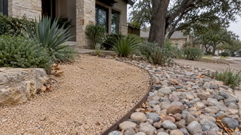 Contrasting rock surfaces in a North Texas garden